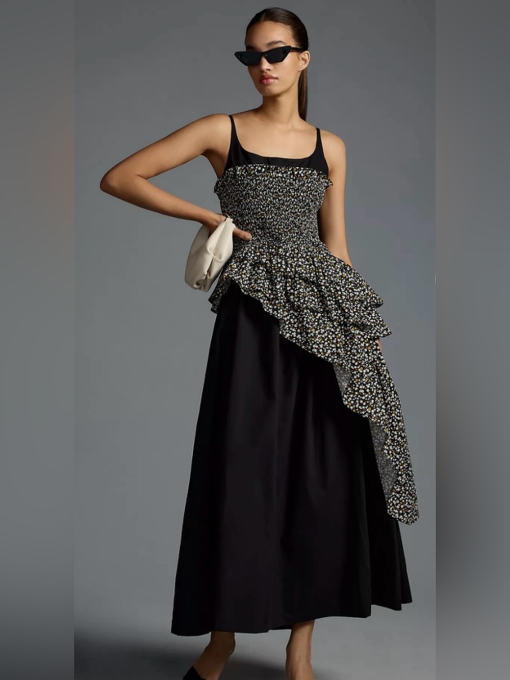 Smocked Asymmetrical Black Maxi Dress with Floral Ruffle